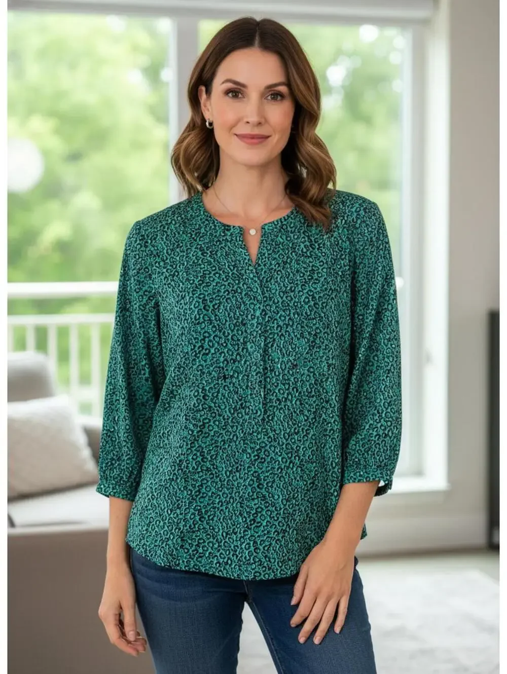 NYDJ Pintuck Blouse Top Women's L Green Black Animal Leopard Print Lightweight - Picture 1 of 11